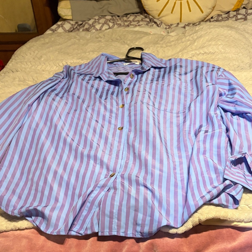 Amazon Men's Casual Blue and Purple Striped Shirt
